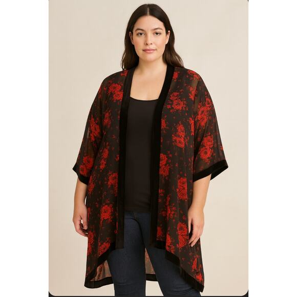 Torrid Black Red Floral Velvet Trim Elegant Romantic Rose Hi-Lo Kimono Plus 2X - Picture 8 of 11